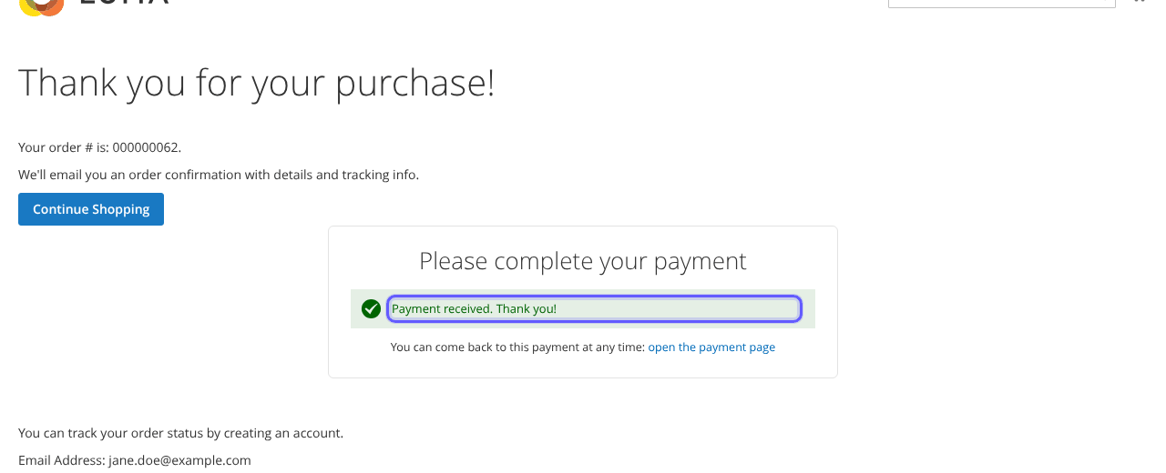 Magento payment box showing Payment received. Thank you!