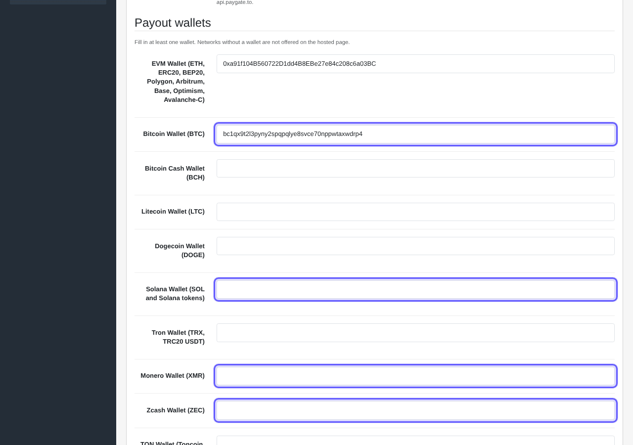 OpenCart Multicoin payout wallets with the Bitcoin, Solana, Monero and Zcash fields highlighted