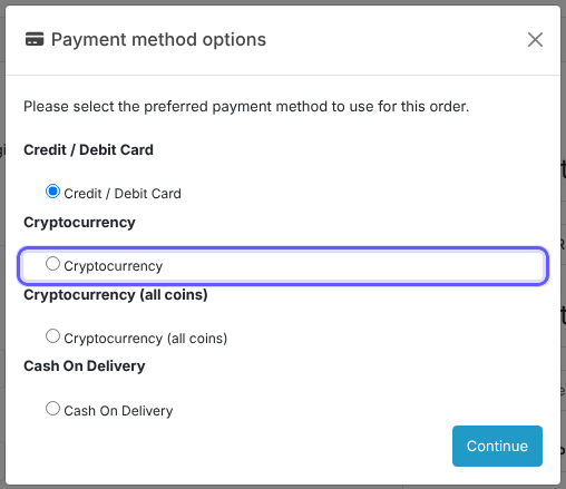 OpenCart payment method options with Cryptocurrency selected