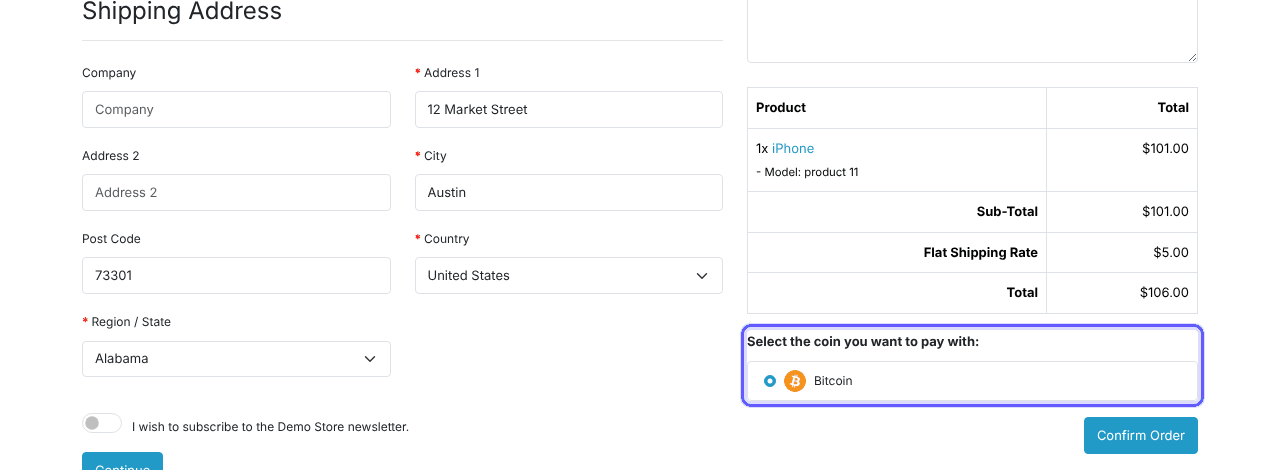 OpenCart checkout showing Select the coin you want to pay with, Bitcoin selected