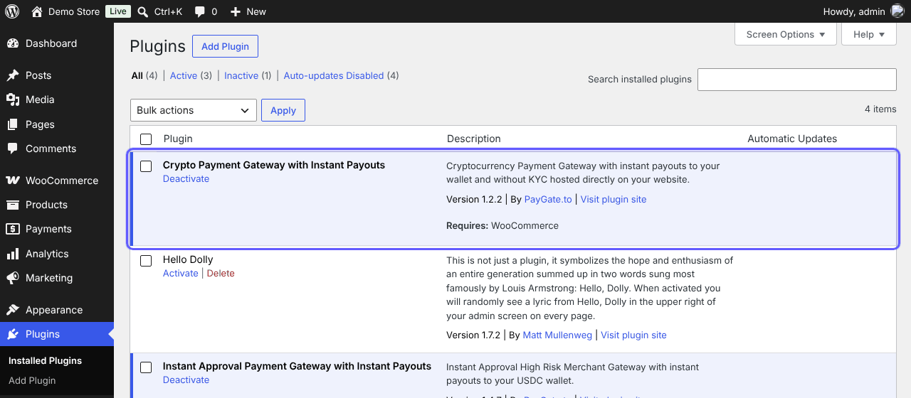 WordPress Plugins list showing Crypto Payment Gateway with Instant Payouts activated
