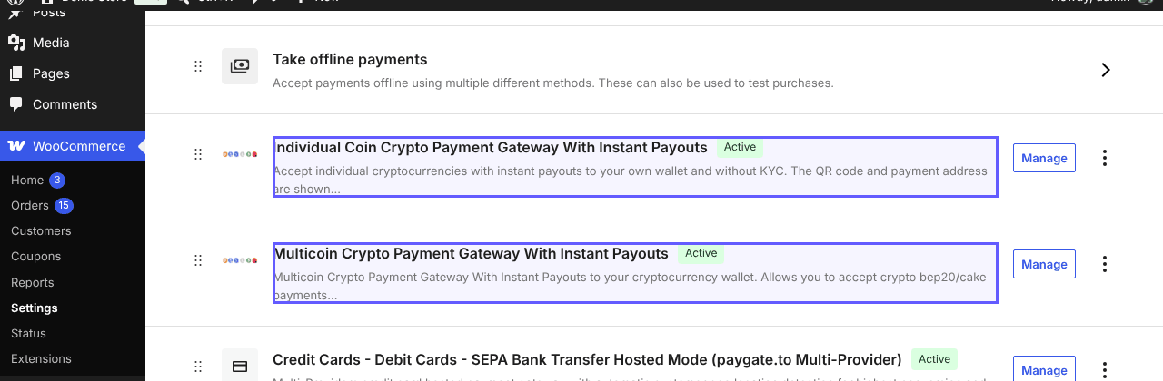 WooCommerce Payments settings listing the Individual Coin and Multicoin crypto payment methods