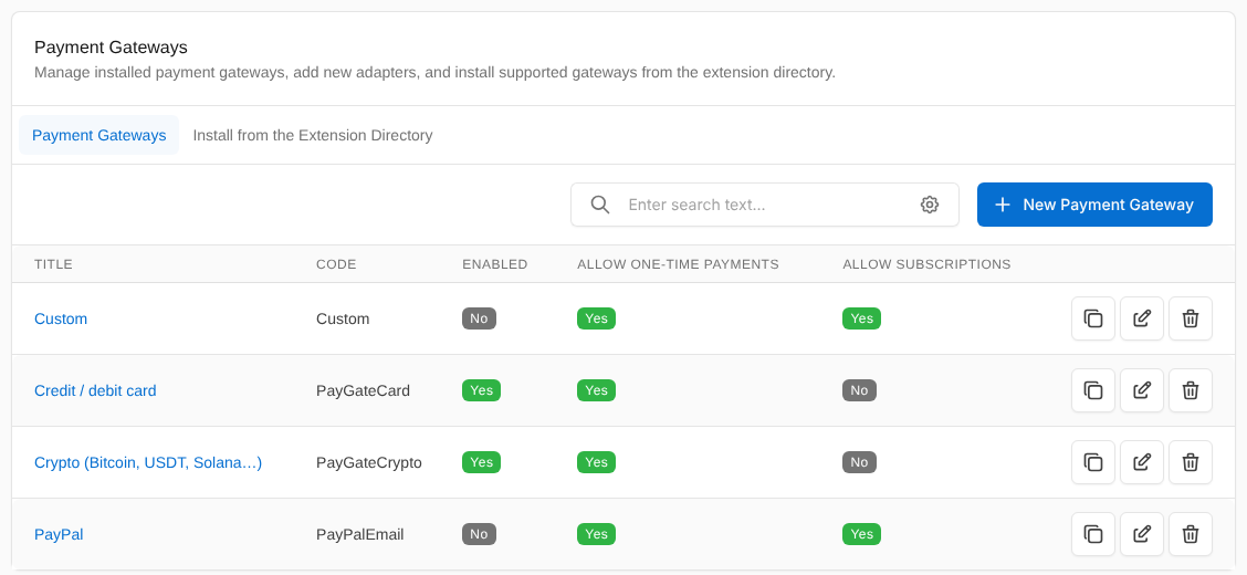 FOSSBilling payment gateway list with Credit / debit card (PayGateCard) and Crypto (PayGateCrypto) enabled