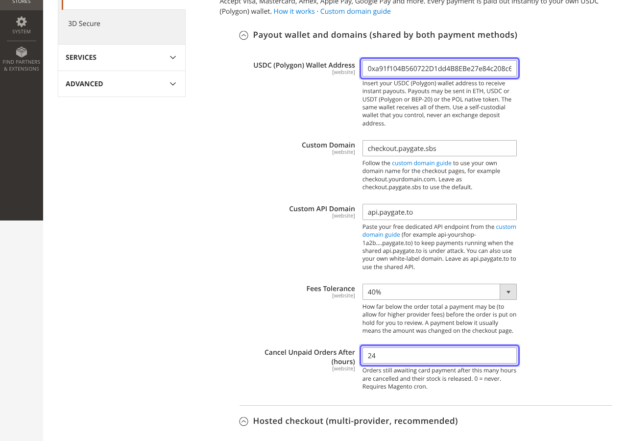 Magento card payment settings with the USDC wallet address and Cancel Unpaid Orders After highlighted