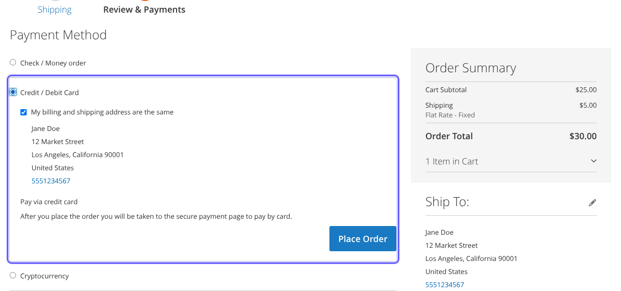 Magento Luma checkout with Credit / Debit Card selected