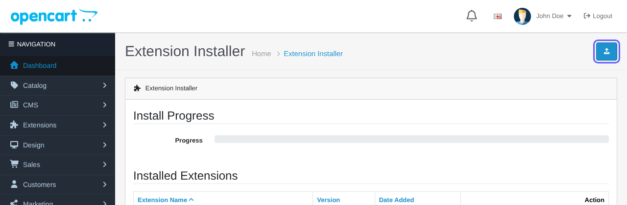 OpenCart Extension Installer page with the Upload button highlighted