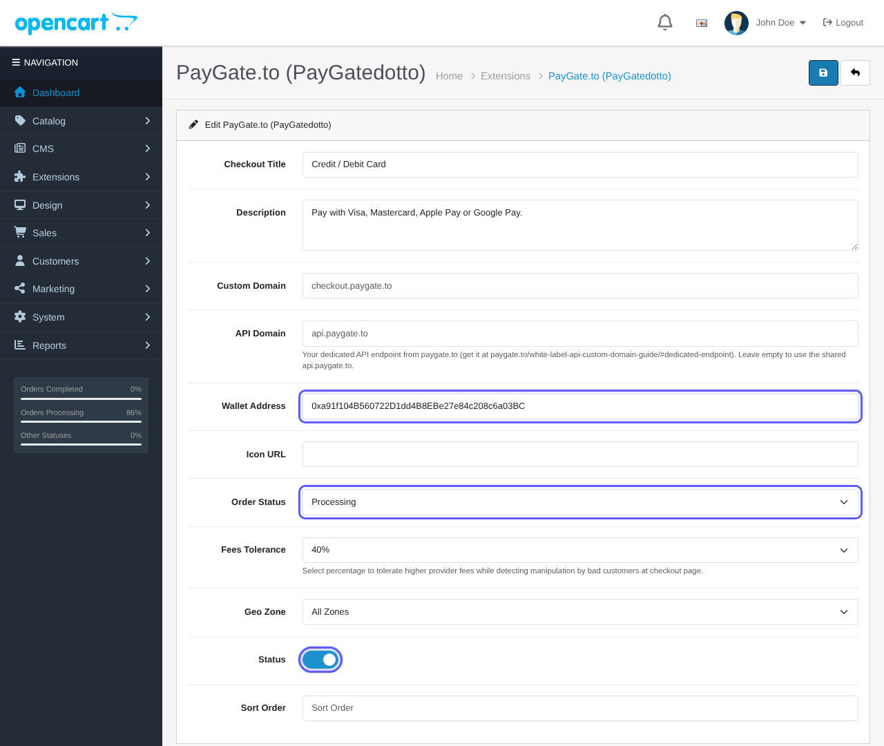 OpenCart PayGate.to settings with Wallet Address, Order Status Processing, Fees Tolerance and Status enabled