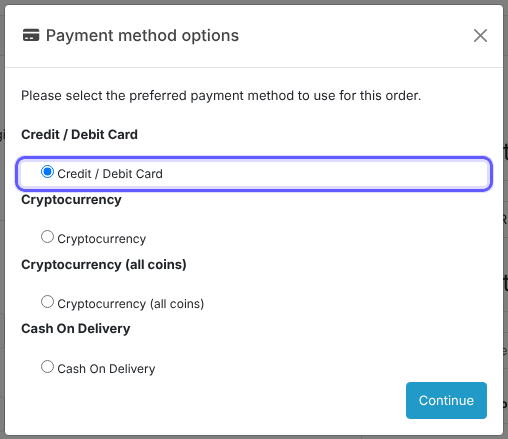 OpenCart payment method options with Credit / Debit Card selected