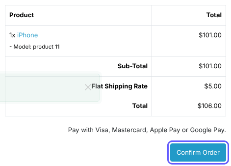 OpenCart order confirmation with the Confirm Order button highlighted