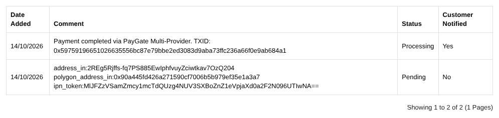 OpenCart order history showing Payment completed via PayGate Multi-Provider with the TXID and status Processing