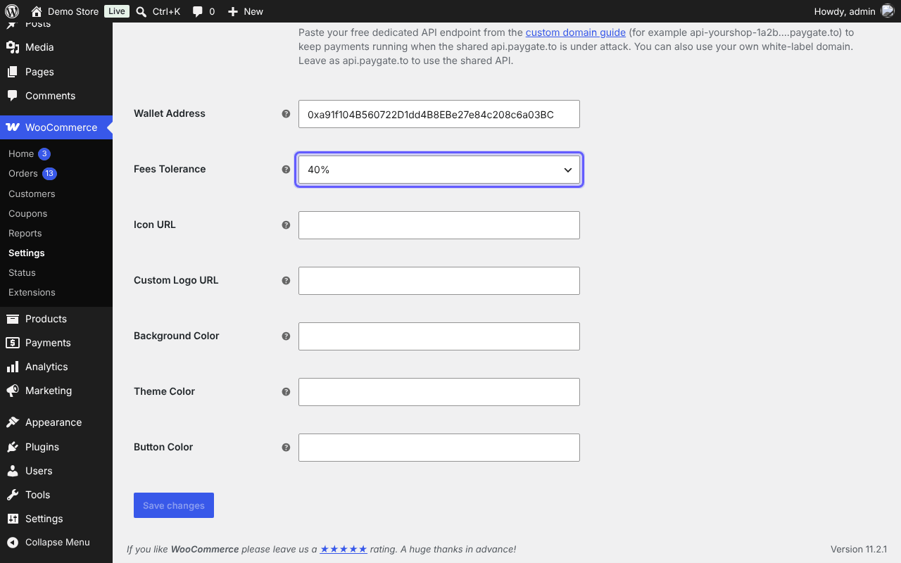 Optional hosted card settings: Fees Tolerance, Icon URL, Custom Logo URL and colours
